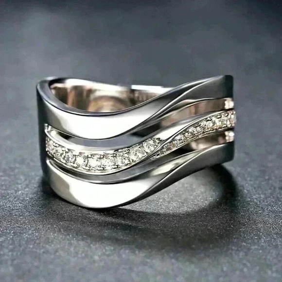 New 14k Gold Over Silver Diamond Wave Band Ring - Picture 1 of 2